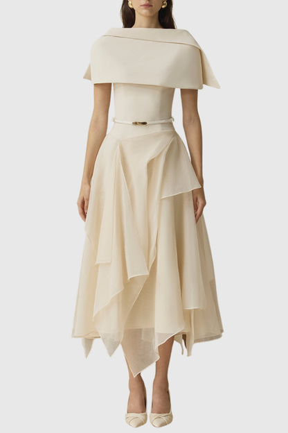 Zeke Asymmetrical Shawl Tulle Ruffle Midi Dress