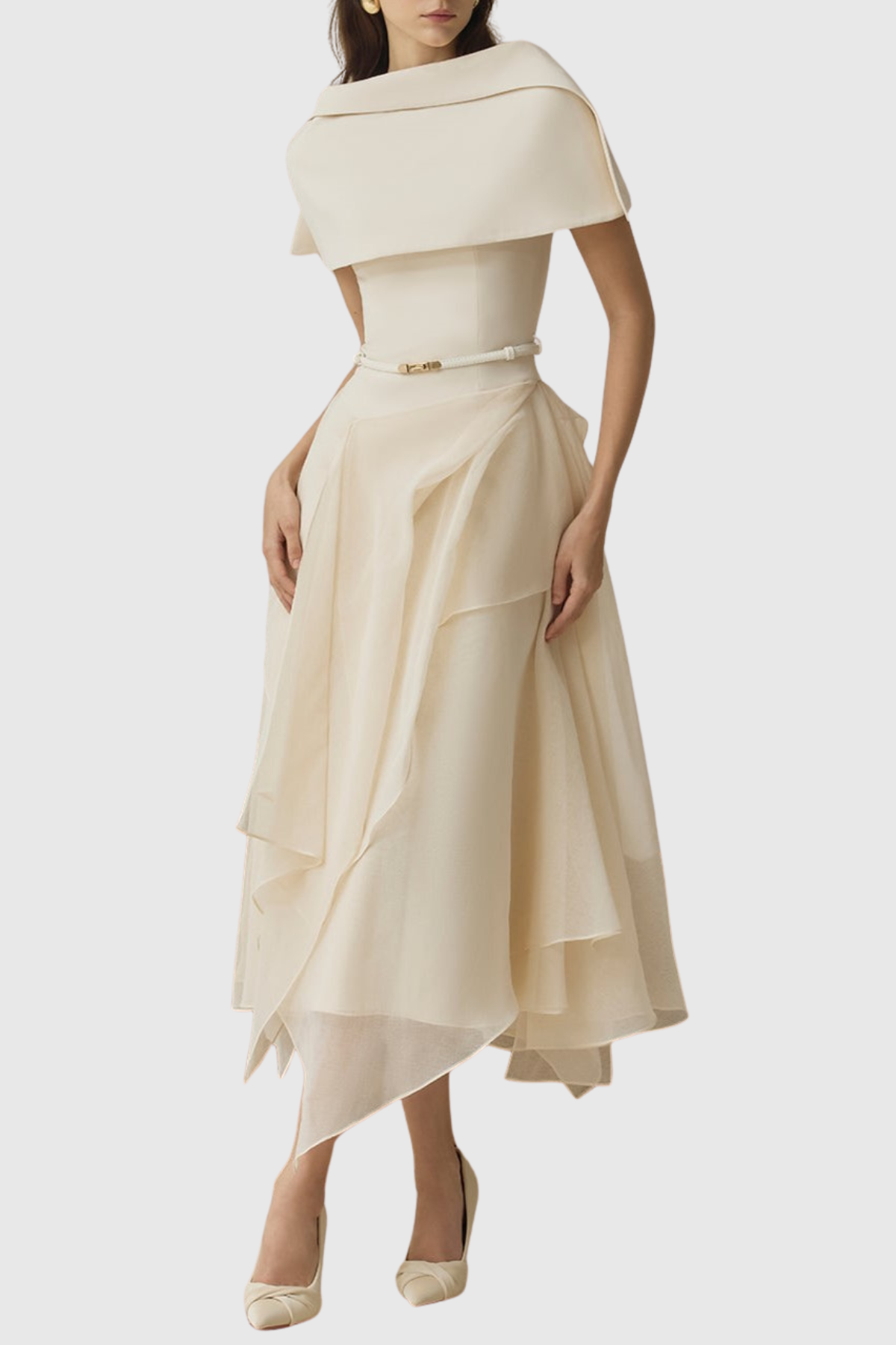 Zeke Asymmetrical Shawl Tulle Ruffle Midi Dress