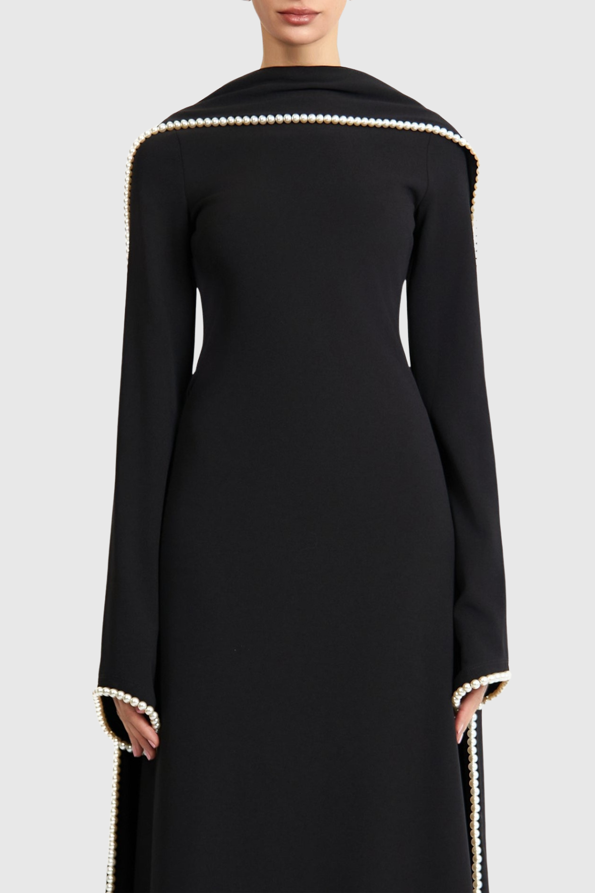 Zisel Pearl Trim Shawl Maxi Dress - Black