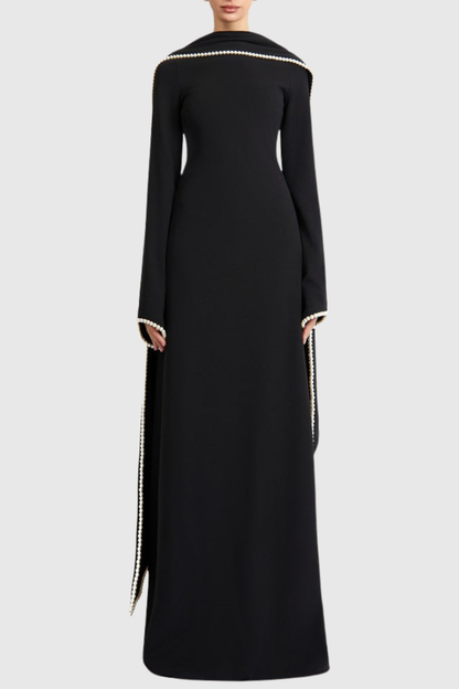 Zisel Pearl Trim Shawl Maxi Dress - Black
