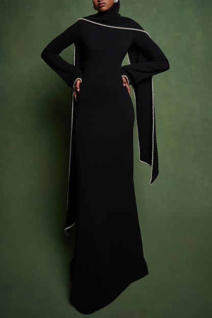 Zisel Pearl Trim Shawl Maxi Dress - Black