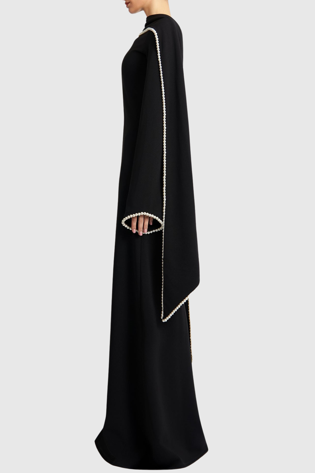 Zisel Pearl Trim Shawl Maxi Dress - Black