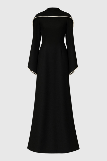 Zisel Pearl Trim Shawl Maxi Dress - Black