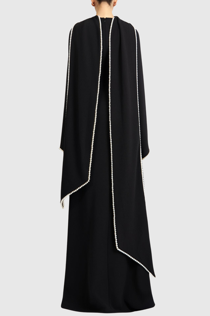 Zisel Pearl Trim Shawl Maxi Dress - Black