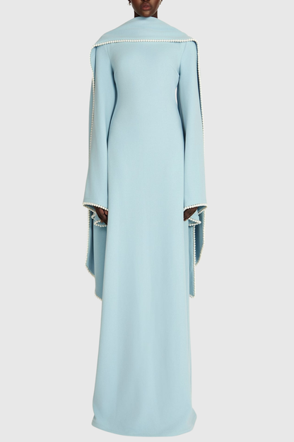 Zisel Pearl Trim Shawl Maxi Dress - Blue