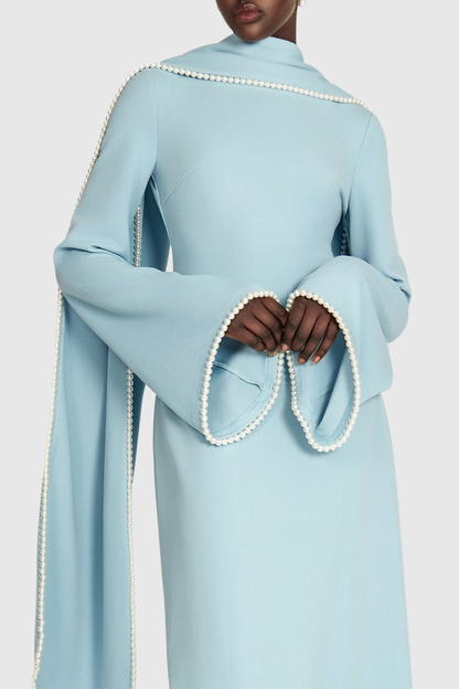 Zisel Pearl Trim Shawl Maxi Dress - Blue