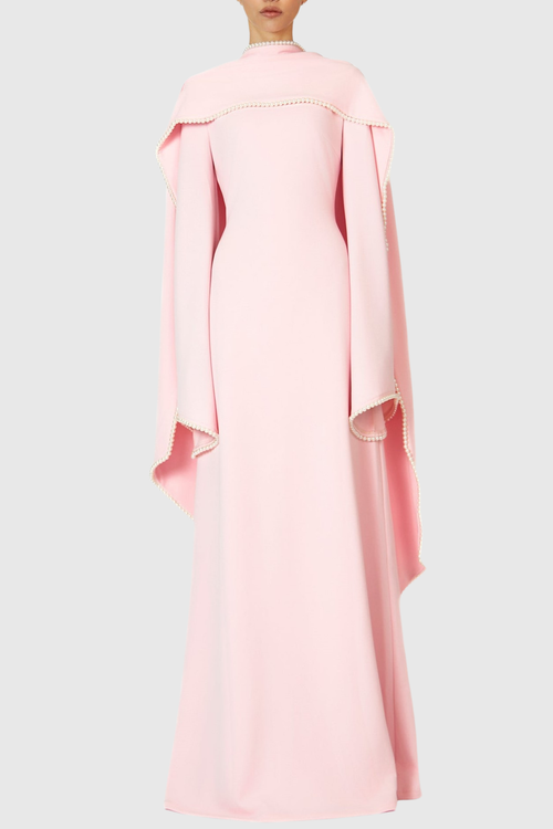 Zisel Pearl Trim Shawl Maxi Dress - Pink