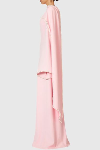 Zisel Pearl Trim Shawl Maxi Dress - Pink