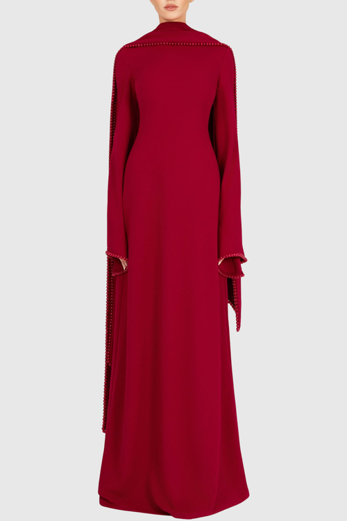 Zisel Pearl Trim Shawl Maxi Dress - Red