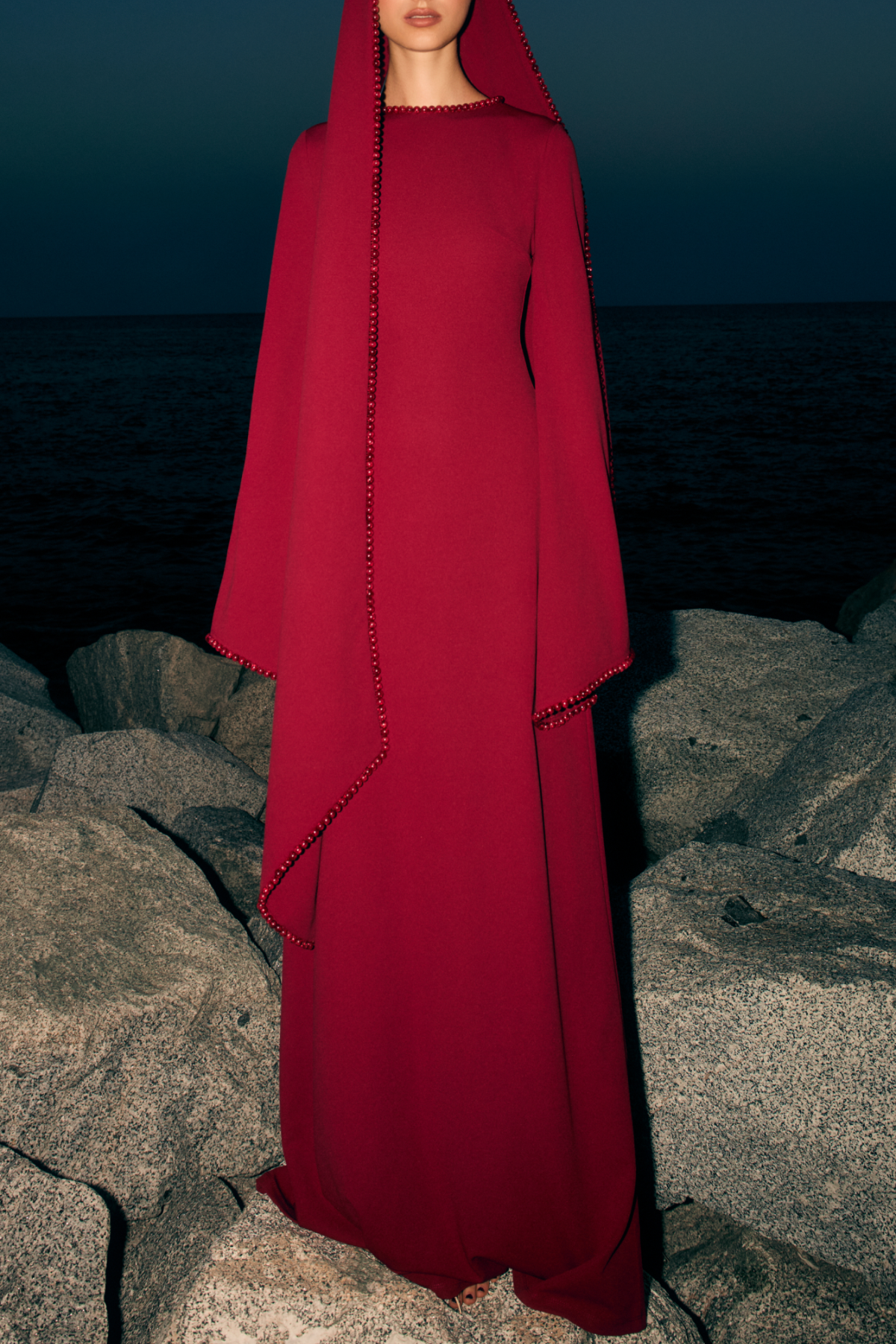 Zisel Pearl Trim Shawl Maxi Dress - Red