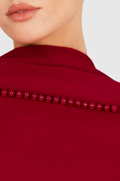 Zisel Pearl Trim Shawl Maxi Dress - Red