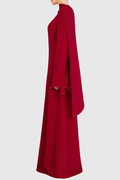 Zisel Pearl Trim Shawl Maxi Dress - Red