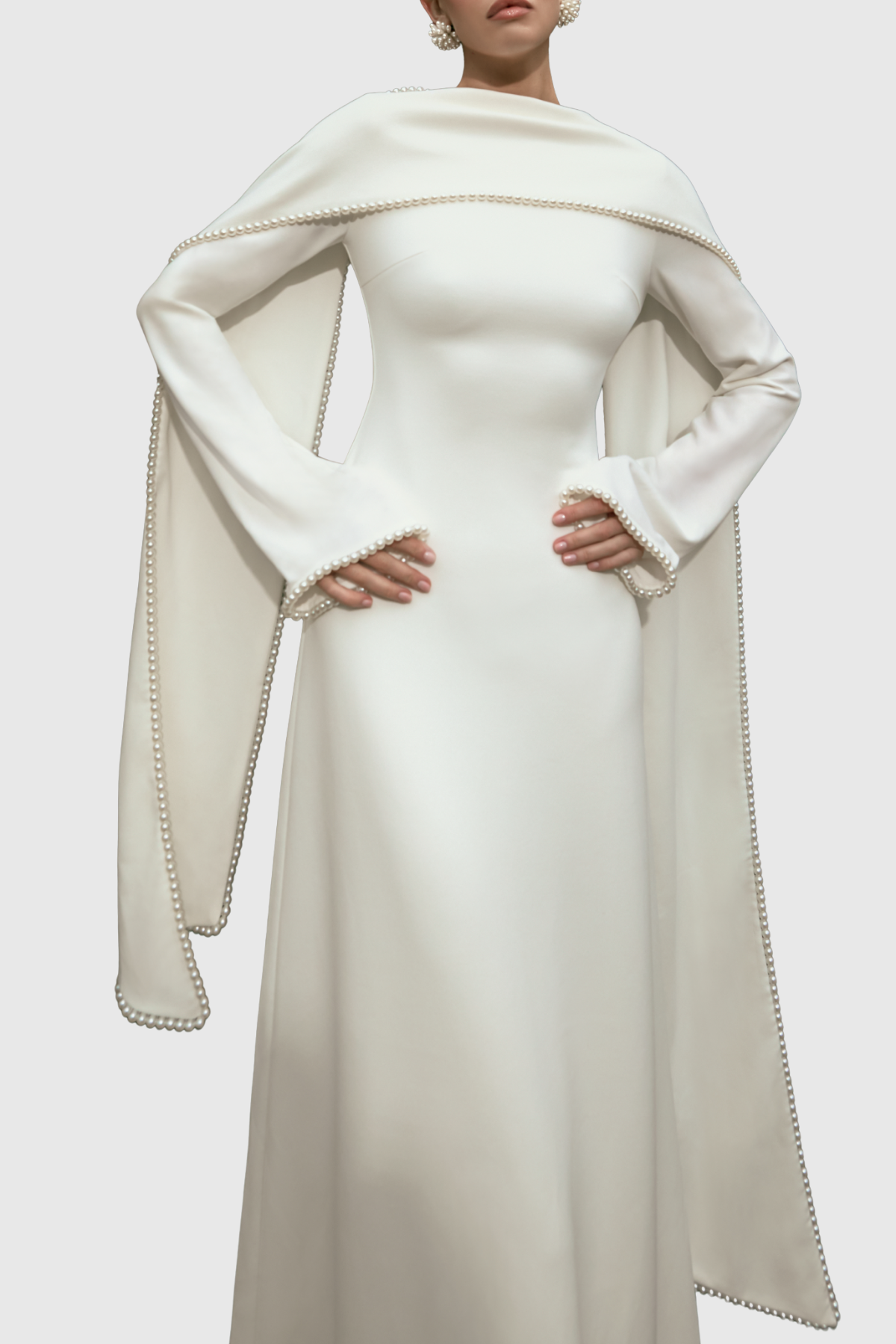 Zisel Pearl Trim Shawl Maxi Dress - White