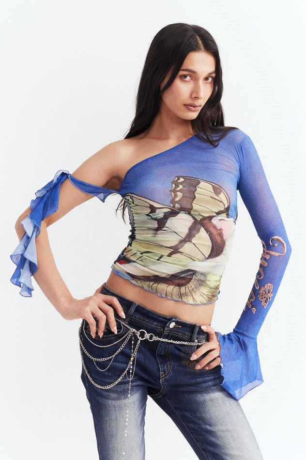 Cilla Asymmetric Printed Mesh Top - Blue