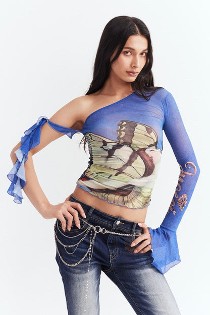 Cilla Asymmetric Printed Mesh Top - Blue