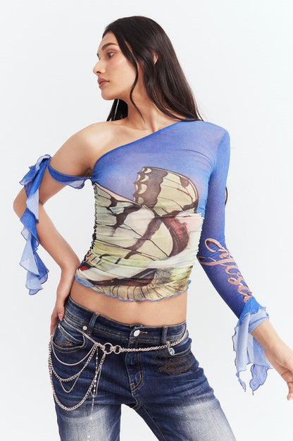 Cilla Asymmetric Printed Mesh Top - Blue
